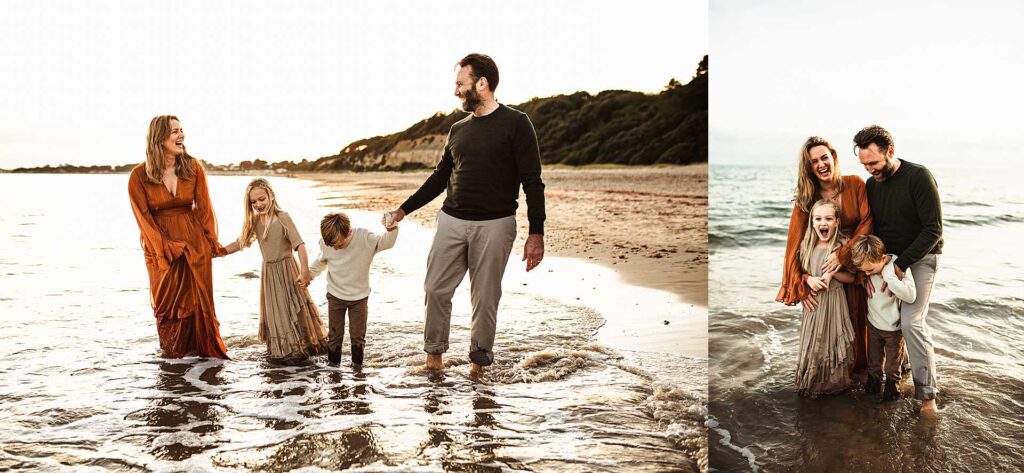 family of four walking on the beach at highcliffe castle