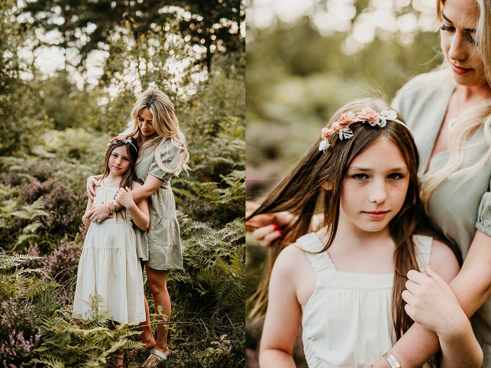 mother and daughter in the ferns at Snelsmore Common Newbury. mother is playing with the girls hair