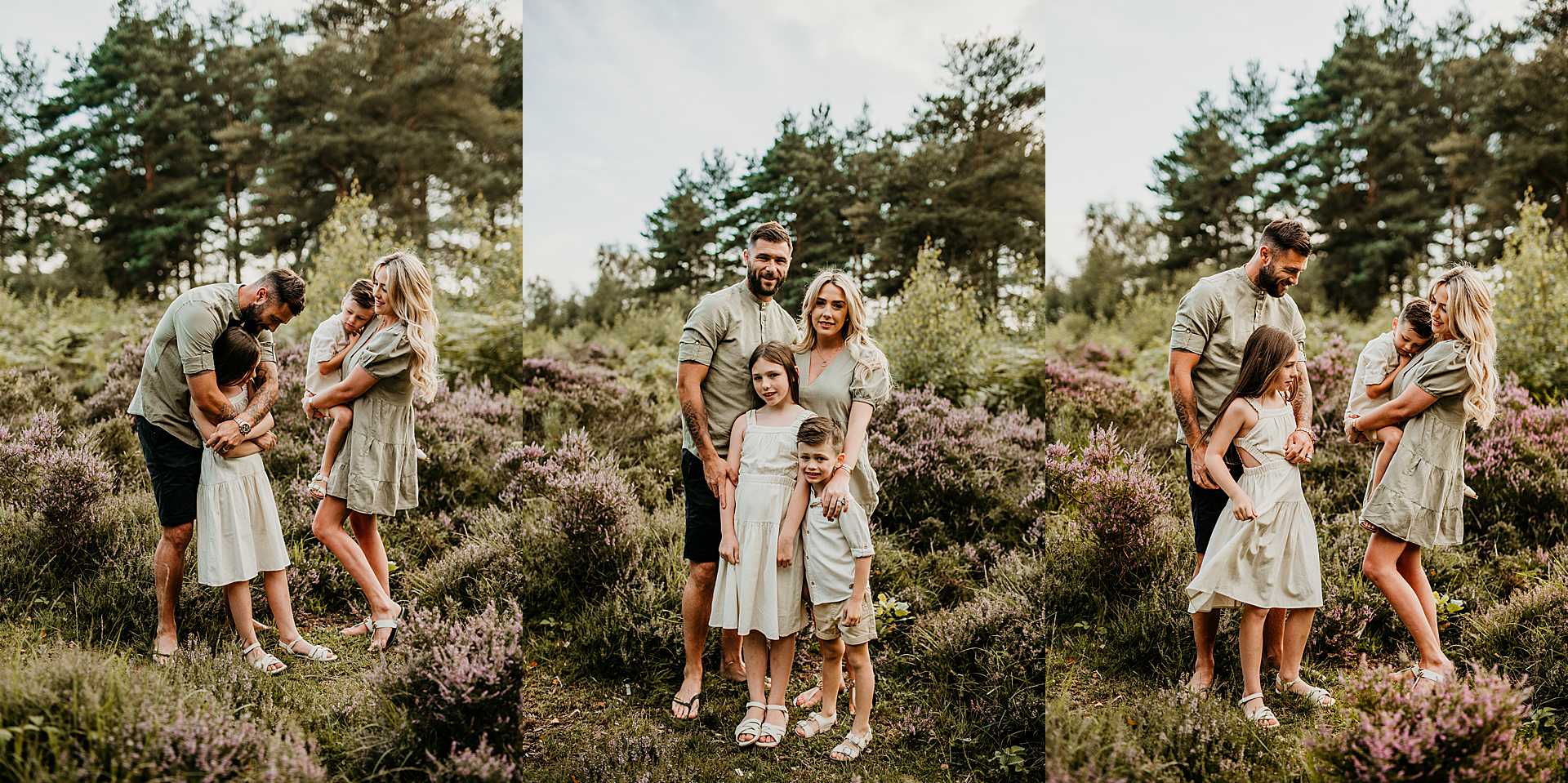 family of four standing in the purple heather at Snelsmore Common