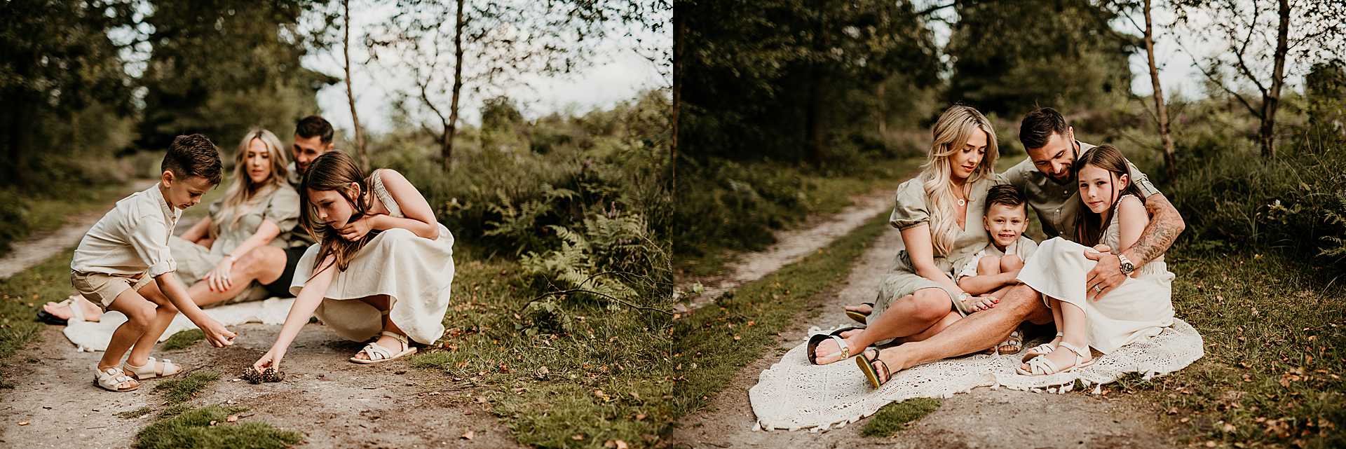 Family of four sitting on a blanket during woodland family photography