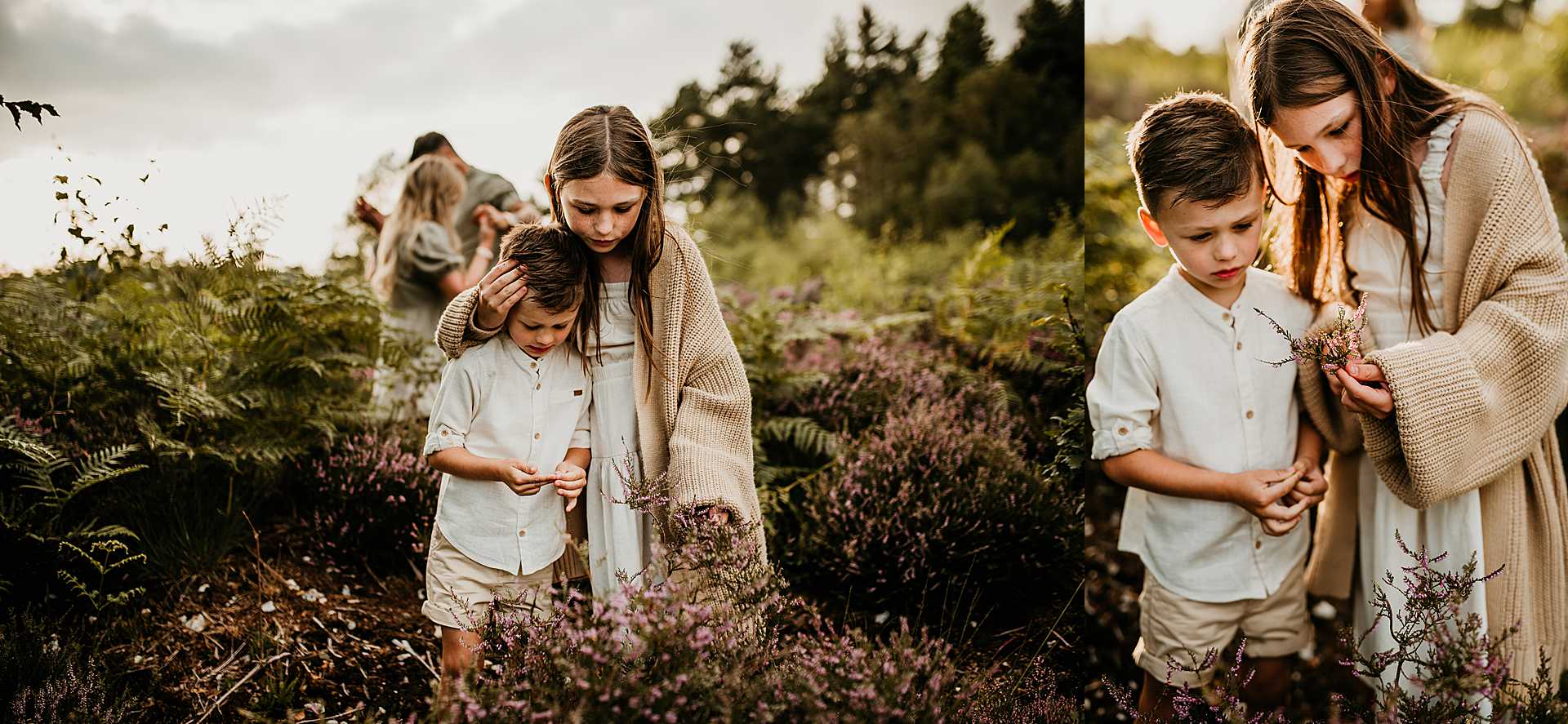 brother and sister playing in the heather at Snelsmore Common