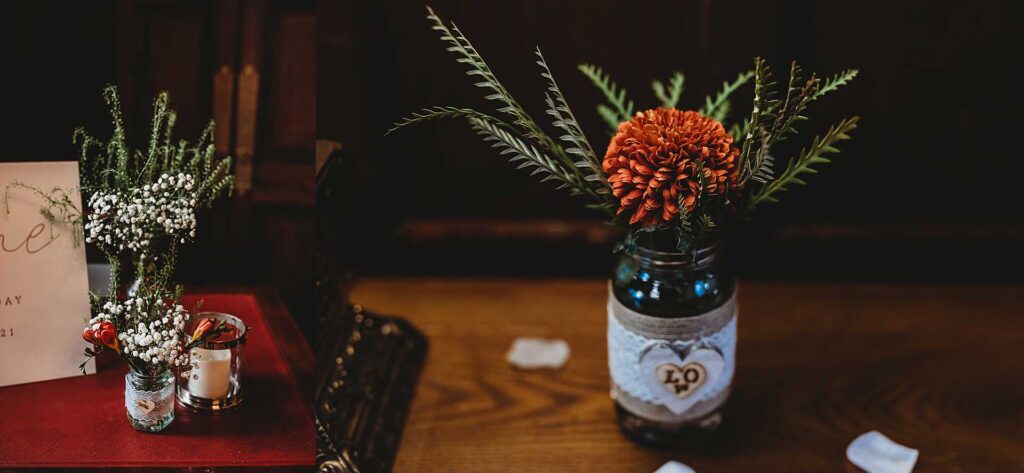 glass jars filled with flowers for a wedding at Highley Manor