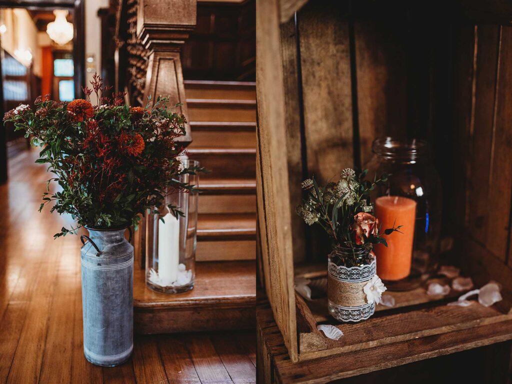 milk churn filled with flowers at Highley Manor wedding venue