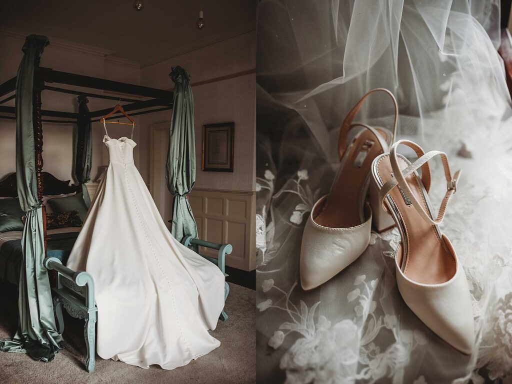 brides dress hanging on the end of the bed frame at Highley Manor