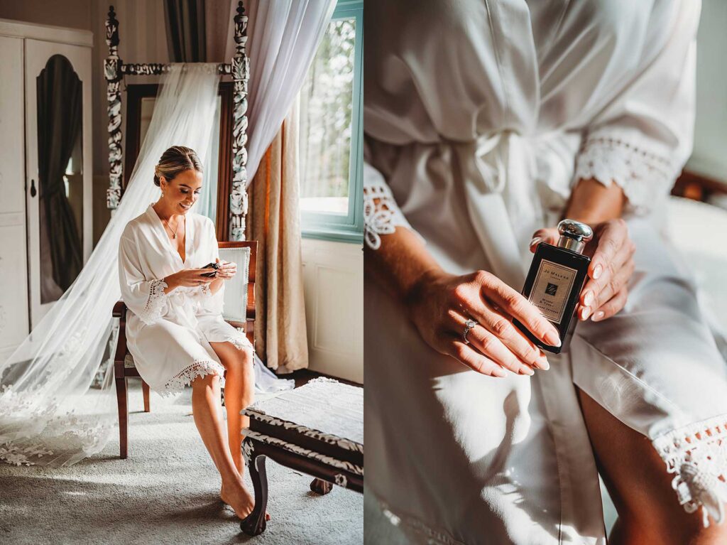 bride sitting in her dressing gown holding her perfume