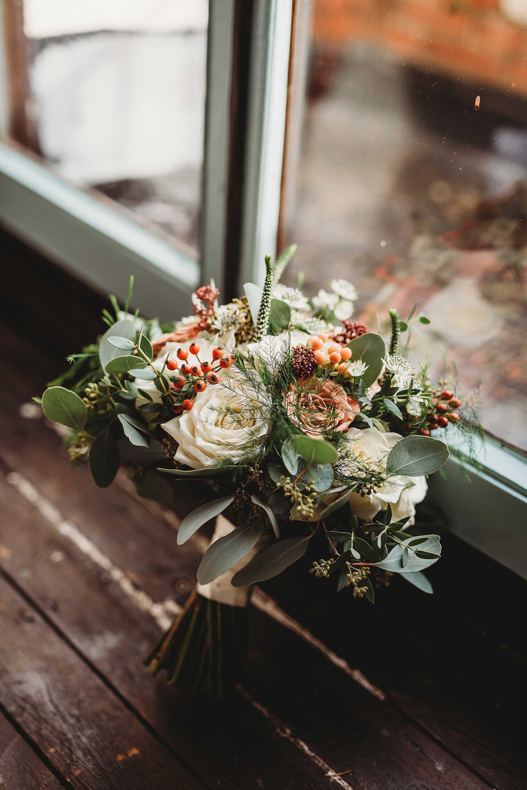 bridal bouquet in the window at Highley Manor bridal suite
