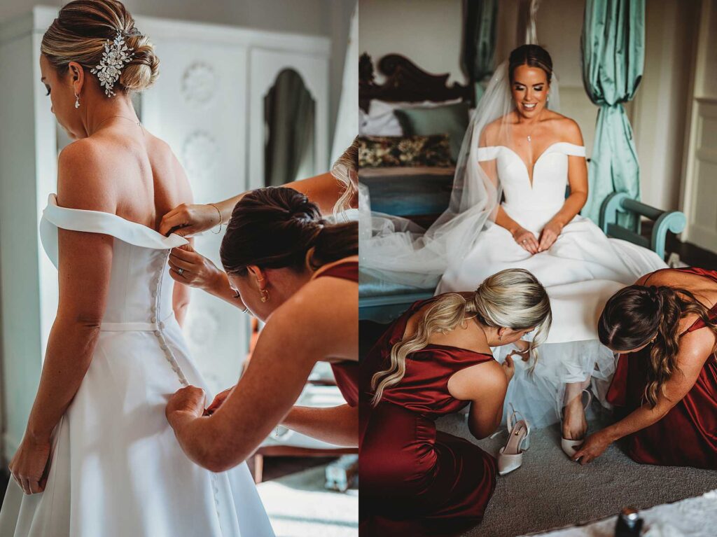 bridesmaids helping a bride get into her wedding dress