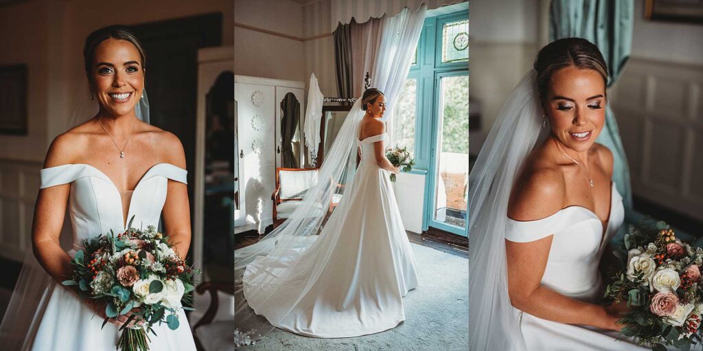 bride standing in the bridal suite at Highley Manor holding her bouquet
