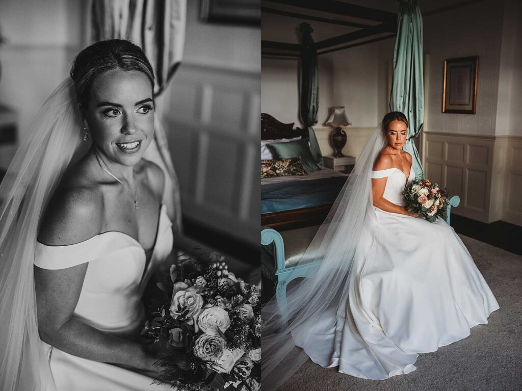 bride sitting on the edge of a bed in her wedding dress