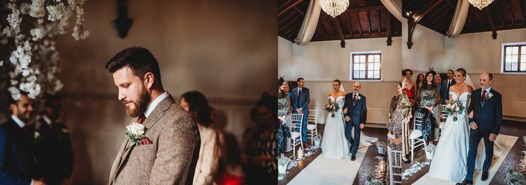 groom waiting for the bride to walk in. The bride walking in with her dad