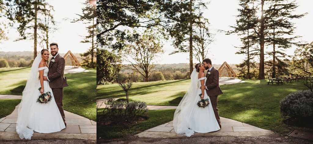 bride and groom standing facing each other outside at Highley Manor