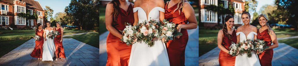 bride and her bridesmaid walking together during sunset
