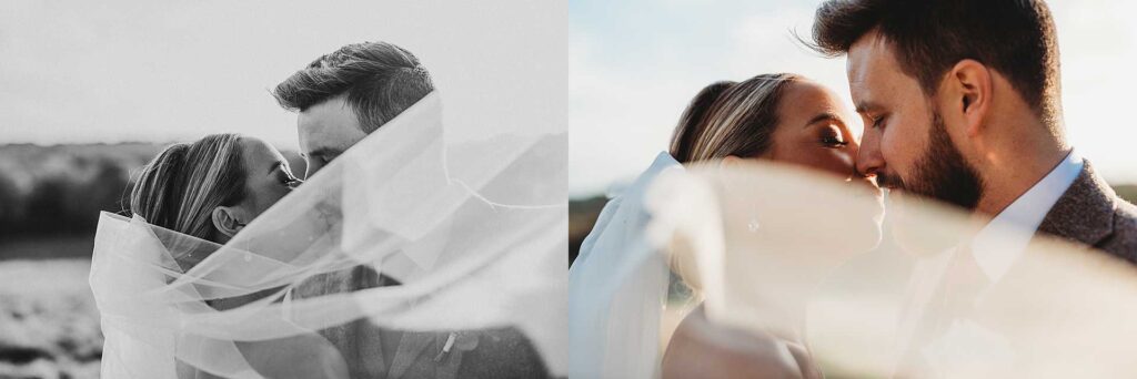 bride and groom kissing under the brides veil