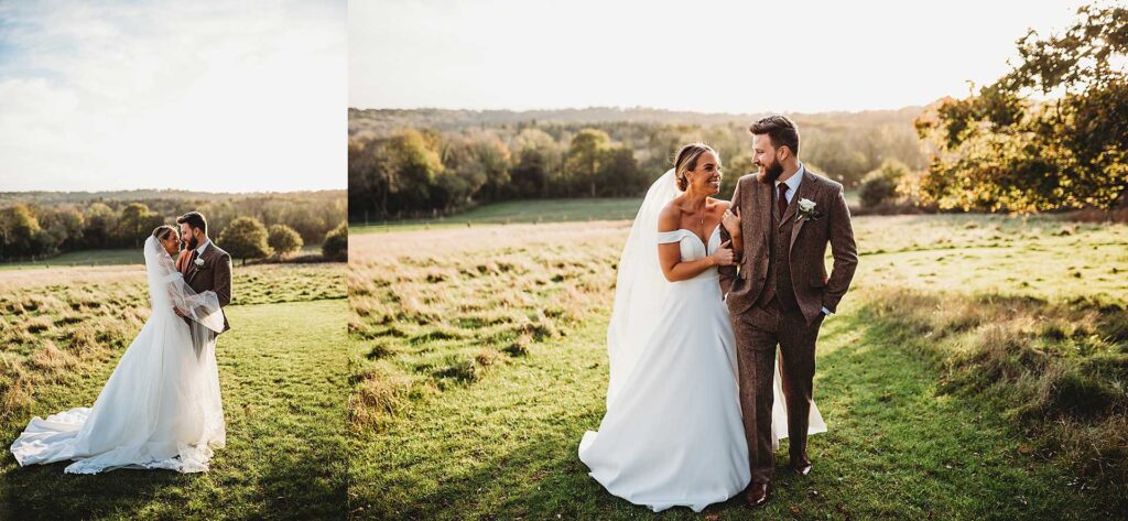 bride and groom walking arm in arm in the grounds of Highley Manor