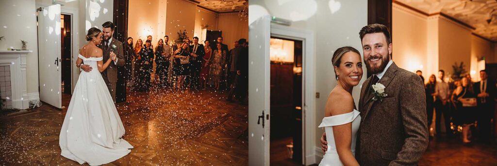 confetti canon going off during bride and grooms first dance