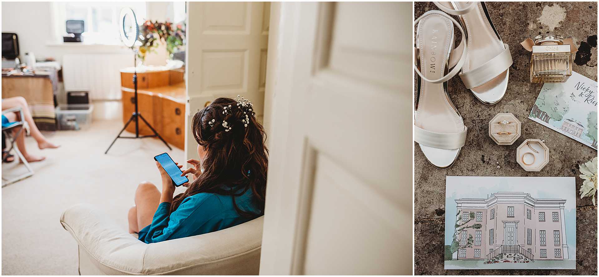 Bridesmaid looking at her phone whilst getting ready for a wedding at Hale park in Hampshire