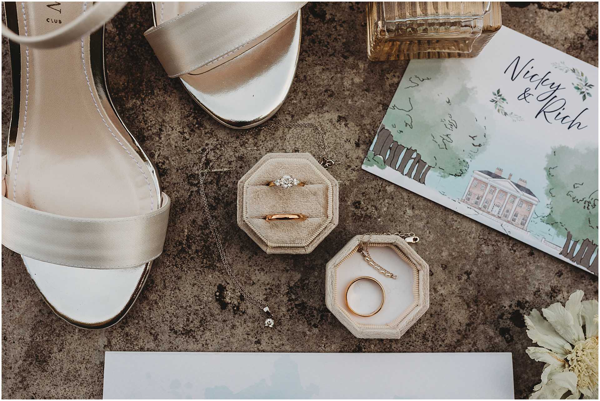 Bridal details flatlay at wedding at Hale park