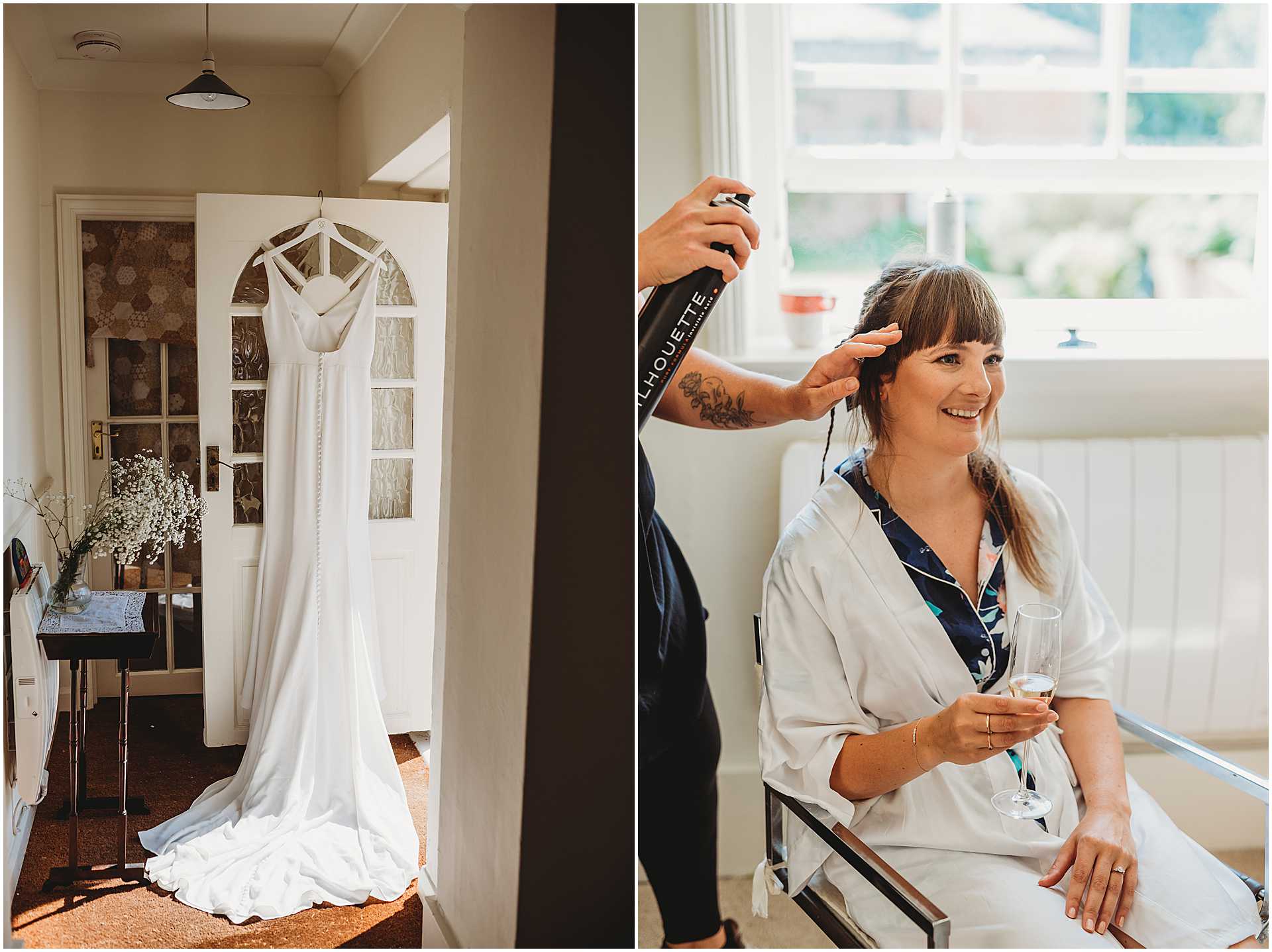 Bridal gown hanging in the doorway of the bridal suite at Hale park. Bride having her hair done whilst drinking a glass of Prosecco