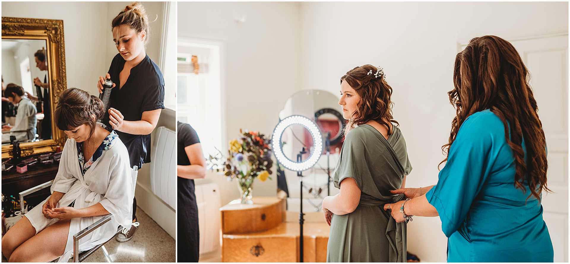 Bride and her bridesmaids in the bridal suite at Hale park wedding venue