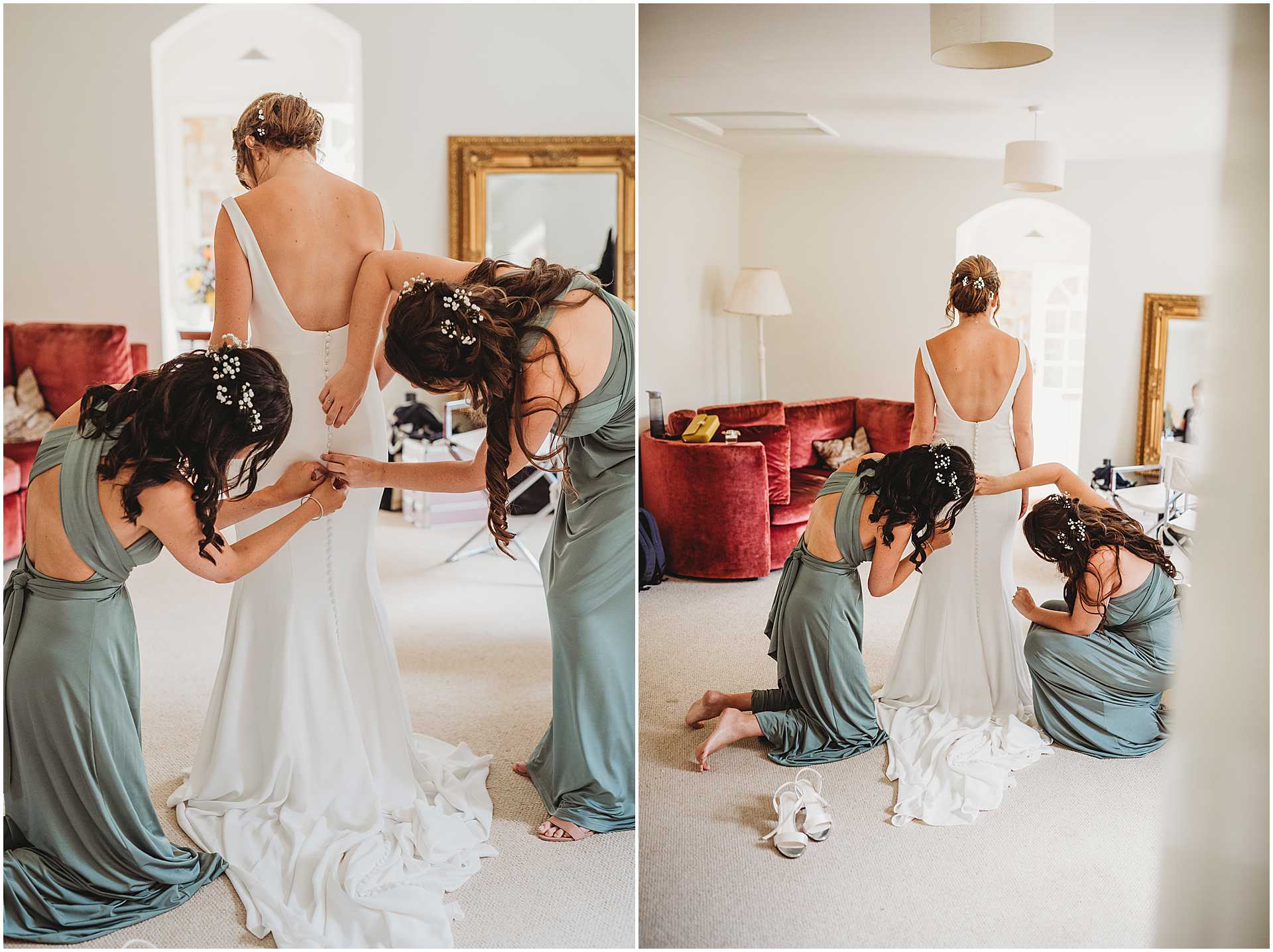 bridesmaids doing up brides dress
