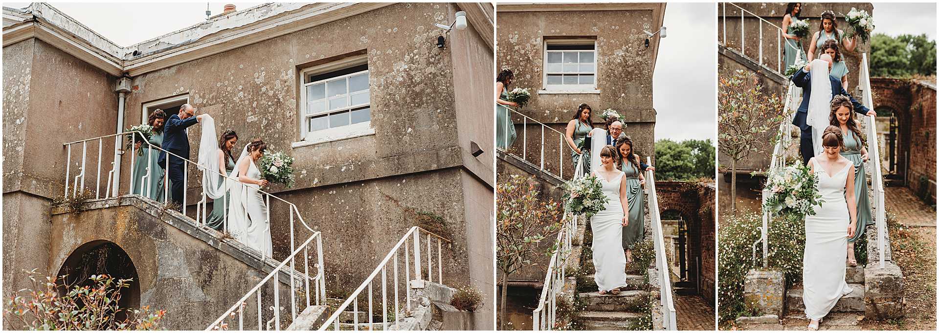 bride walking down the steps outside bridal suite at hale park wedding