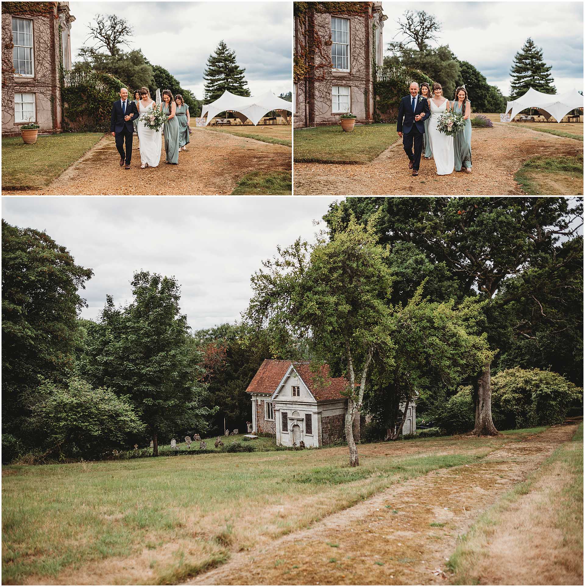 bridal party walking towards the church before the ceremony at wedding at hale park