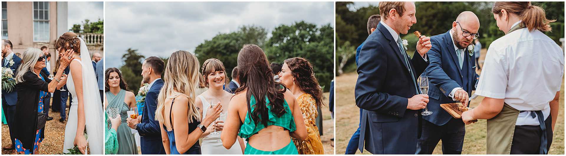 bride mingling with guests outside on the lawn
