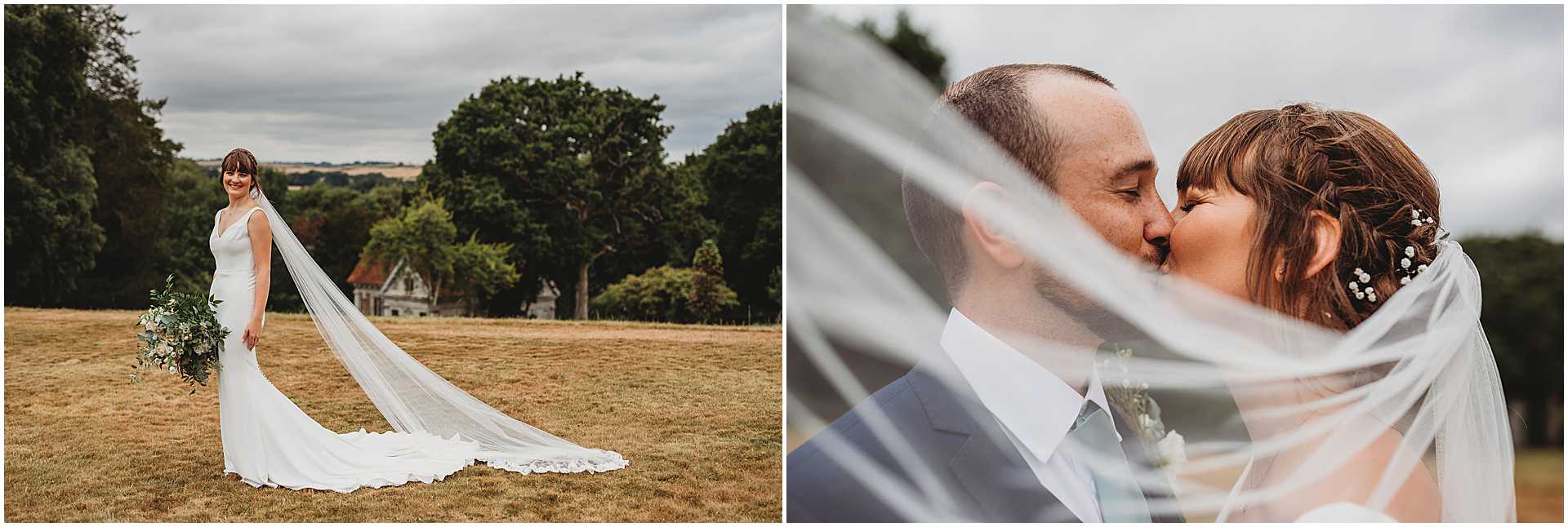 bride and groom kissing under brides veil