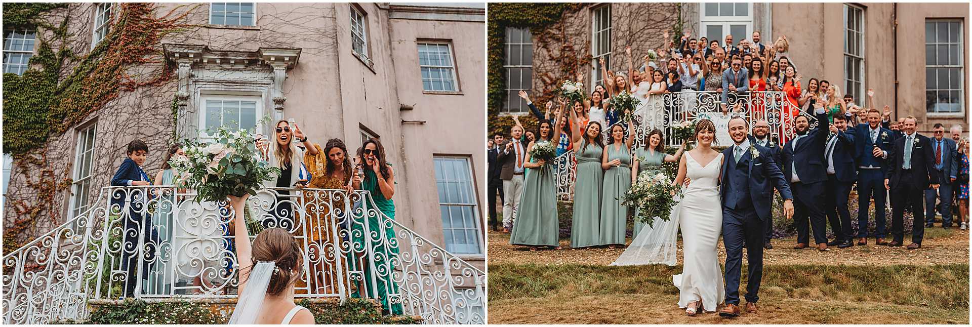 bride and groom walking with all their guests behind them