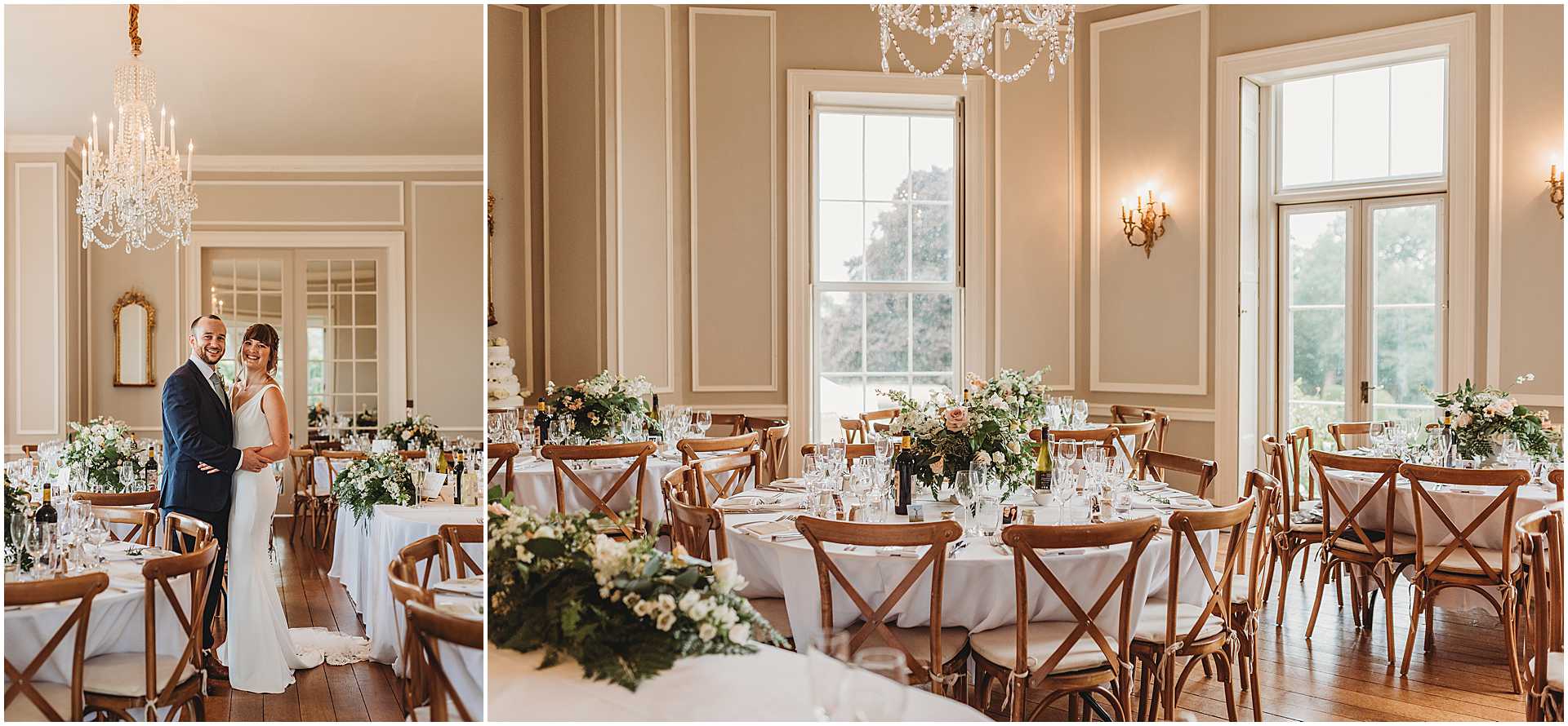 the wedding breakfast room all set up at hale park
