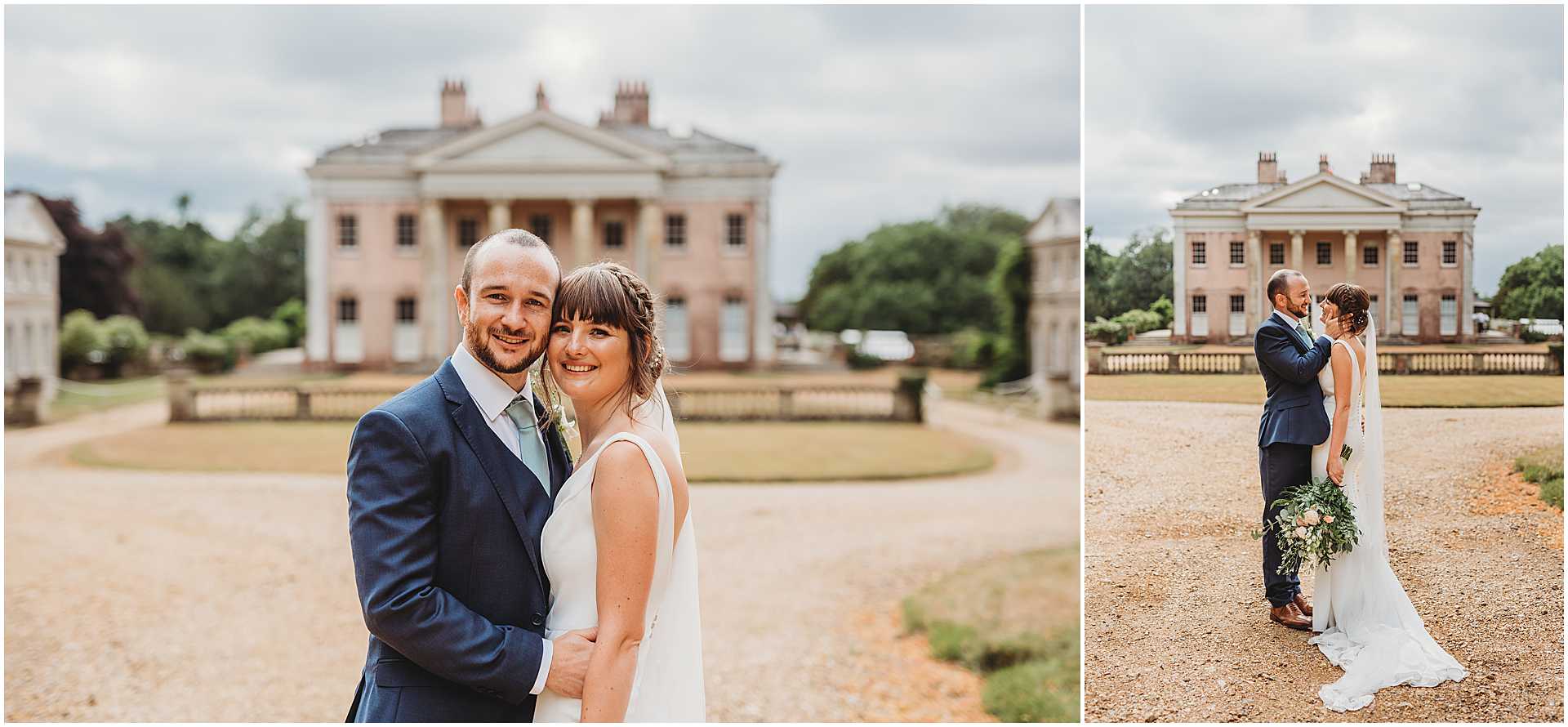 couple portraits at the front of the house at hale park wedding venue