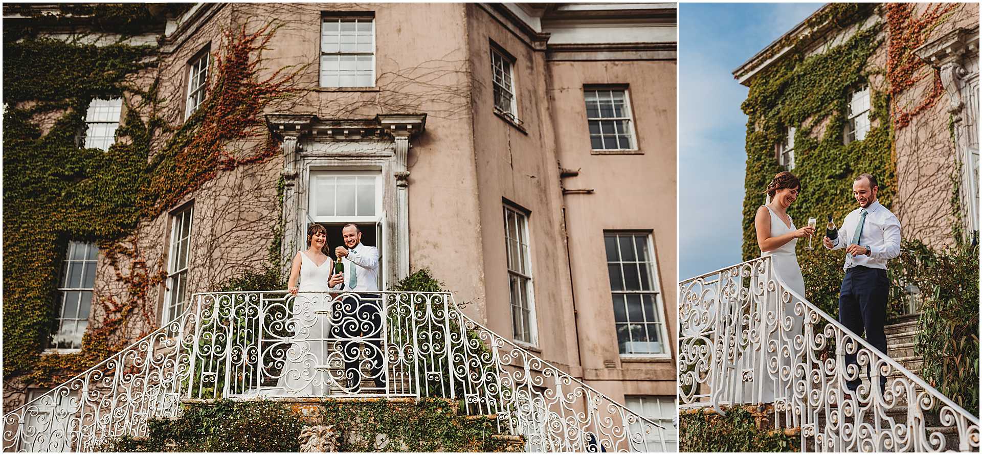 bride and groom opening champagne on the back steps at hale park